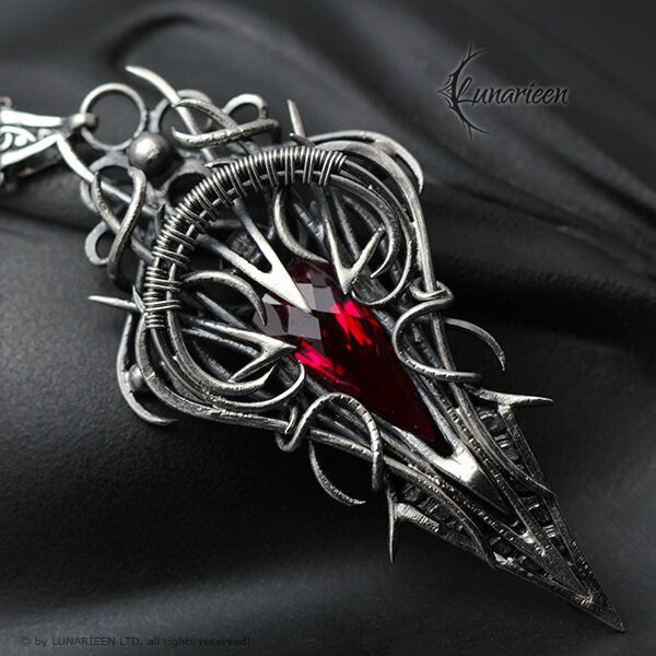 Sterling Silver, Fantasy Gothic style Necklace Pendant, Red Quartz, Vampire Elven Witchy, Unisex Unique Jewellery Jewelry Gift