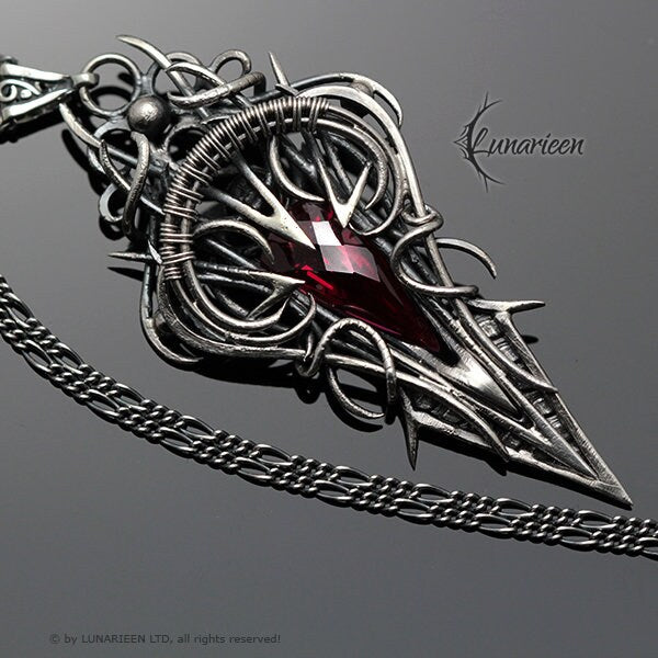 Sterling Silver, Fantasy Gothic style Necklace Pendant, Red Quartz, Vampire Elven Witchy, Unisex Unique Jewellery Jewelry Gift