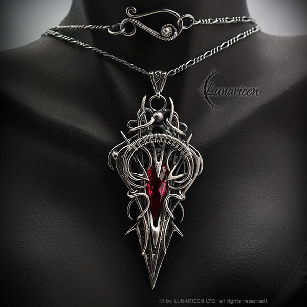 Sterling Silver, Fantasy Gothic style Necklace Pendant, Red Quartz, Vampire Elven Witchy, Unisex Unique Jewellery Jewelry Gift