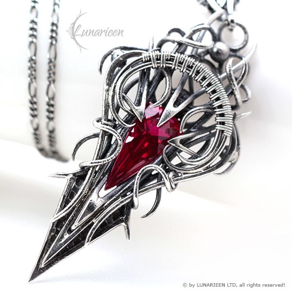 Sterling Silver, Fantasy Gothic style Necklace Pendant, Red Quartz, Vampire Elven Witchy, Unisex Unique Jewellery Jewelry Gift