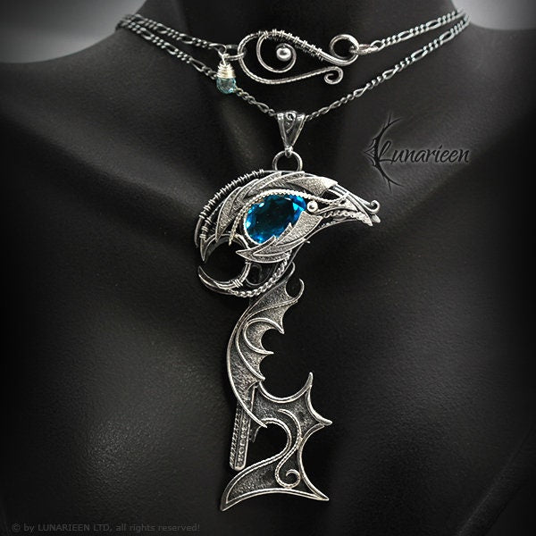 Sterling Silver Wire Wrapped Dragon's Eye Skeleton Key Fantasy Gothic Pendant Necklace, Goth Dragon Evil Eye, Unique Gift Jewellery Jewelry