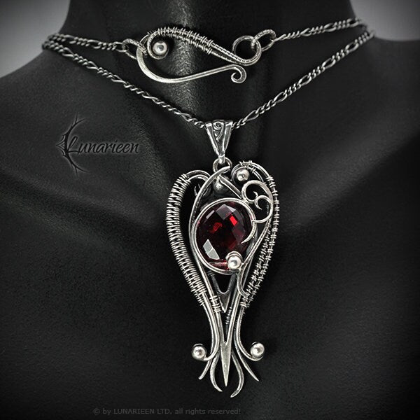 Sterling Silver, Fantasy Gothic style Necklace Pendant, Red Quartz, Vampire Elven Witchy, Unisex Unique Jewellery Jewelry Gift