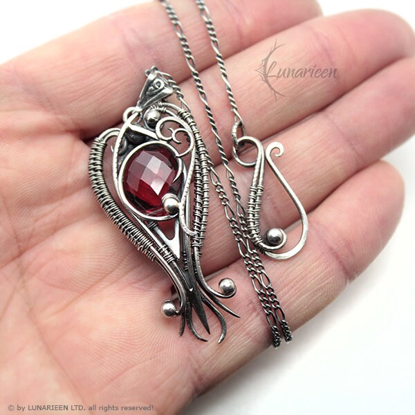 Sterling Silver, Fantasy Gothic style Necklace Pendant, Red Quartz, Vampire Elven Witchy, Unisex Unique Jewellery Jewelry Gift