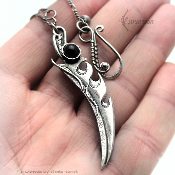 Sterling Silver Wire wrapped Gothic Pendant Necklace Sword Blade Fantasy, Black Onyx, Unique Gothic Fantasy Blacksmithing Jewelry Jewellery