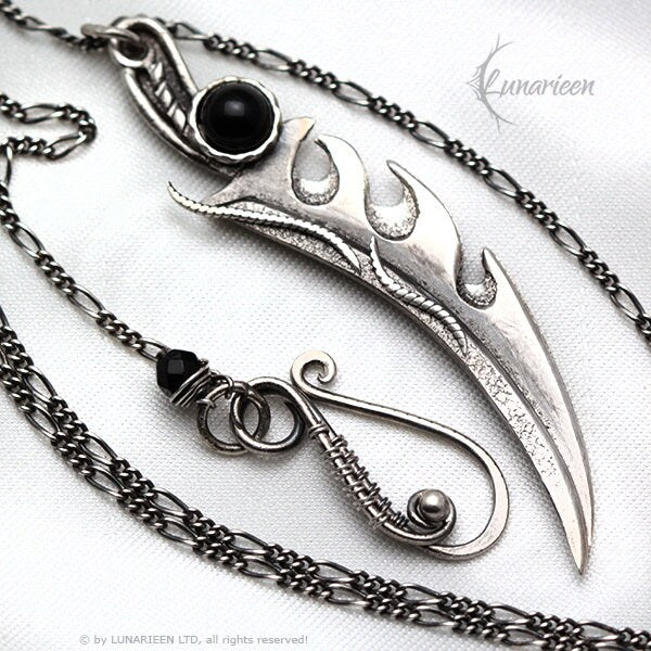 Sterling Silver Wire wrapped Gothic Pendant Necklace Sword Blade Fantasy, Black Onyx, Unique Gothic Fantasy Blacksmithing Jewelry Jewellery