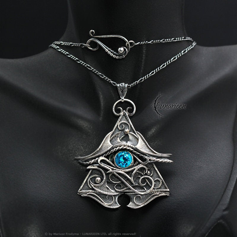 Sterling Silver Wire Wrap, Eye of Horus Gothic Necklace Pendant, London Blue, Eye Protection Symbol, Unique Unisex Jewelry Jewellery Gift