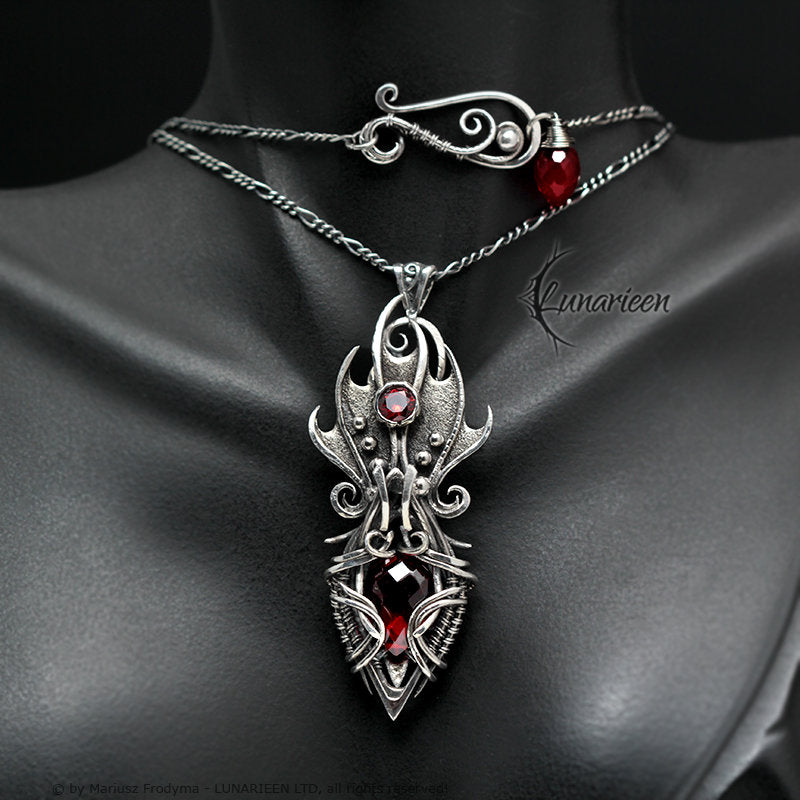 Sterling Silver, Fantasy Gothic style Necklace Pendant, Red Quartz, Vampire Elven Witchy, Unisex Unique Jewellery Jewelry Gift