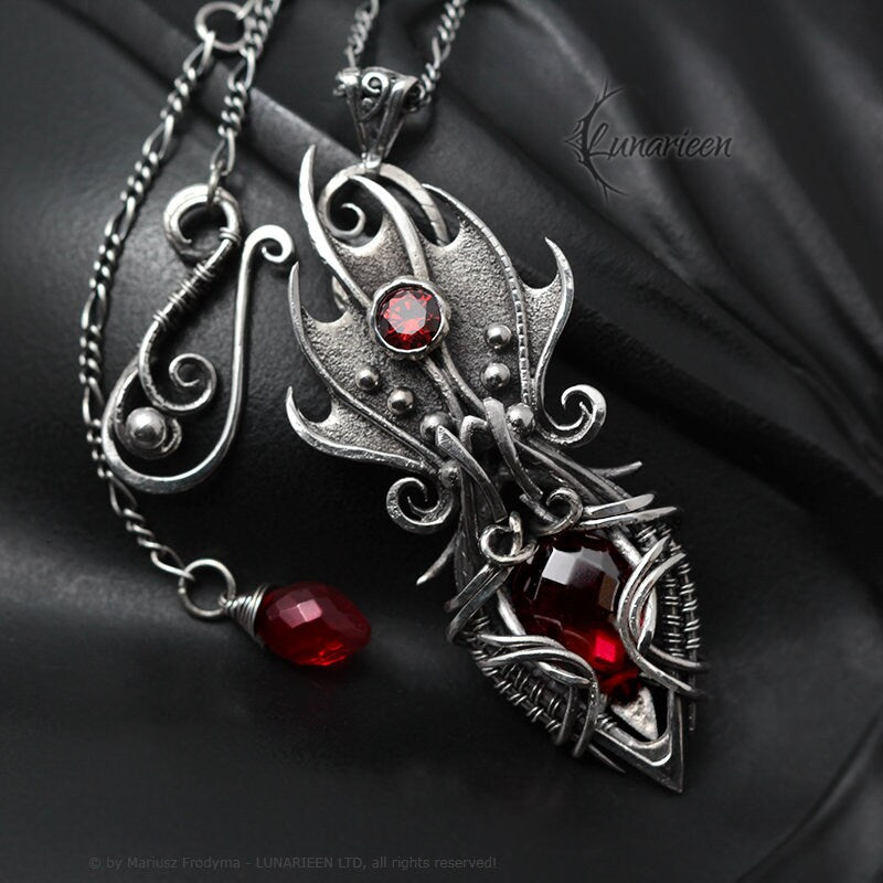 Sterling Silver, Fantasy Gothic style Necklace Pendant, Red Quartz, Vampire Elven Witchy, Unisex Unique Jewellery Jewelry Gift