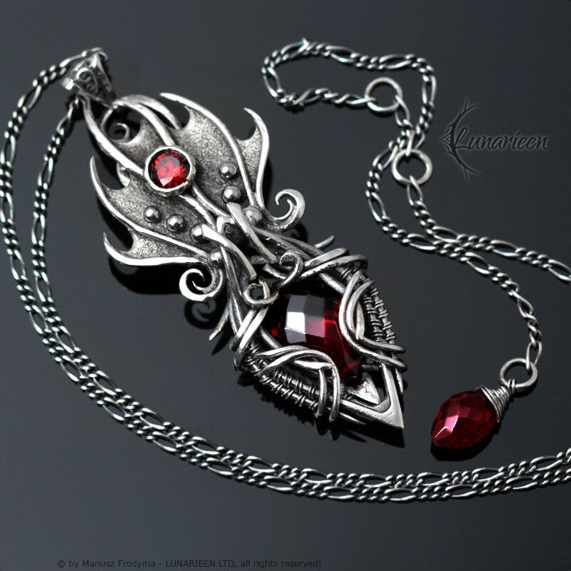 Sterling Silver, Fantasy Gothic style Necklace Pendant, Red Quartz, Vampire Elven Witchy, Unisex Unique Jewellery Jewelry Gift