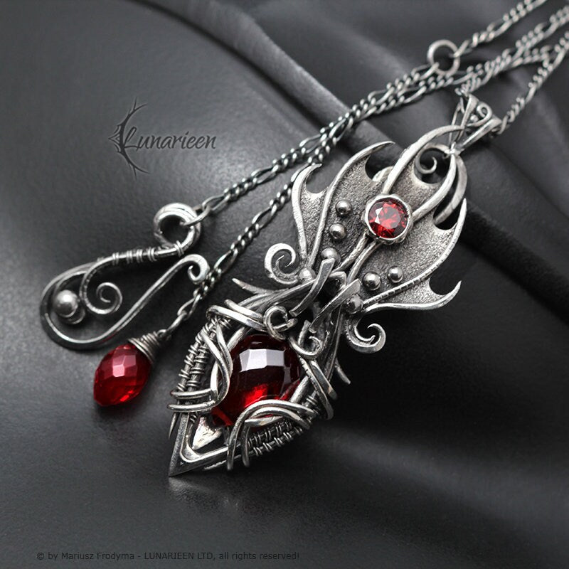 Sterling Silver, Fantasy Gothic style Necklace Pendant, Red Quartz, Vampire Elven Witchy, Unisex Unique Jewellery Jewelry Gift