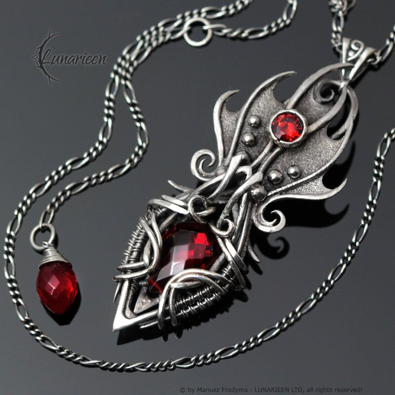 Sterling Silver, Fantasy Gothic style Necklace Pendant, Red Quartz, Vampire Elven Witchy, Unisex Unique Jewellery Jewelry Gift