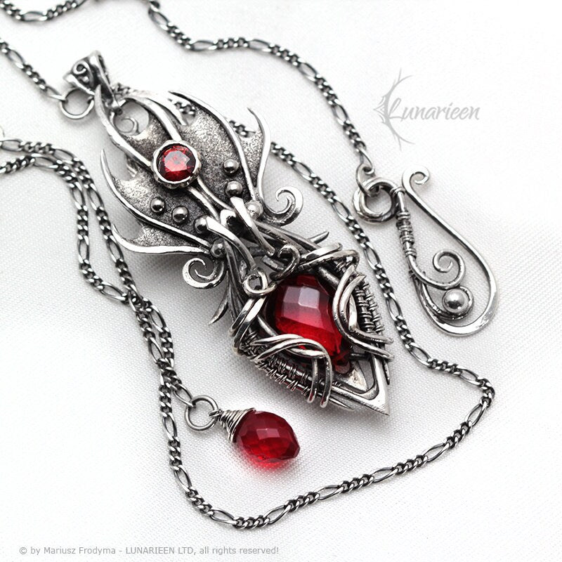 Sterling Silver, Fantasy Gothic style Necklace Pendant, Red Quartz, Vampire Elven Witchy, Unisex Unique Jewellery Jewelry Gift