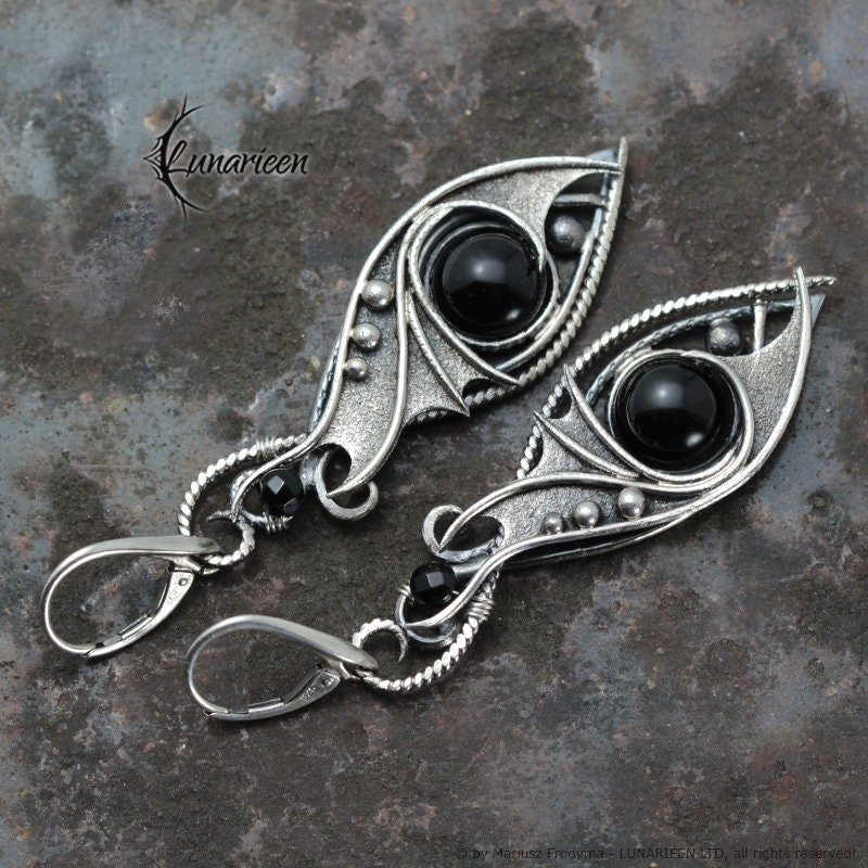 Sterling Silver Wire Wrapped Gothic Fantasy Dragon Wings Filigree Ornate Earrings, Solid Silver and Black Onyx, Unique Gift Jewelry for Her