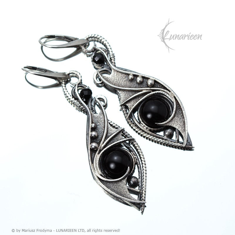 Sterling Silver Wire Wrapped Gothic Fantasy Dragon Wings Filigree Ornate Earrings, Solid Silver and Black Onyx, Unique Gift Jewelry for Her