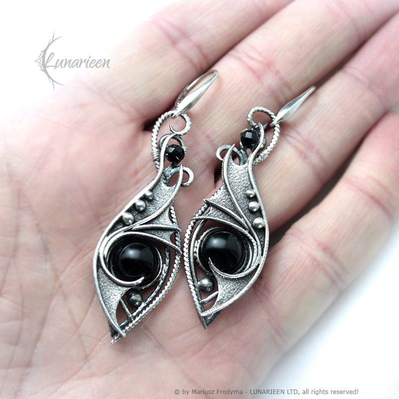 Sterling Silver Wire Wrapped Gothic Fantasy Dragon Wings Filigree Ornate Earrings, Solid Silver and Black Onyx, Unique Gift Jewelry for Her