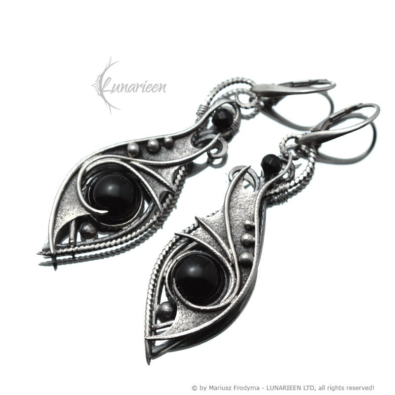 Sterling Silver Wire Wrapped Gothic Fantasy Dragon Wings Filigree Ornate Earrings, Solid Silver and Black Onyx, Unique Gift Jewelry for Her