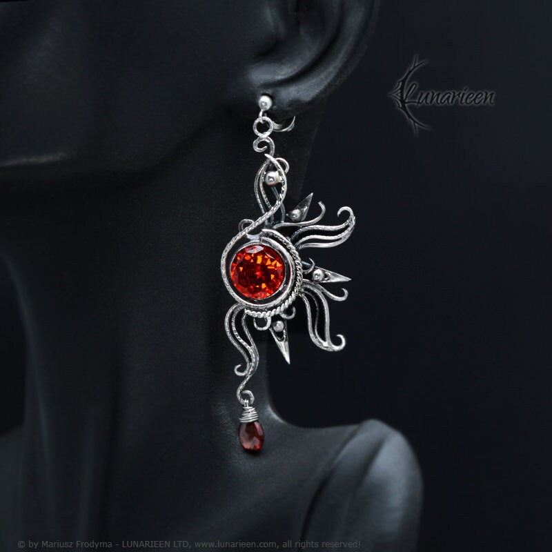 Sterling Silver Wire Wrapped Gothic Filigree Ornate Red Sun Sunrise Large Pair Earrings, Red Cubic Zirconia, Garnet, Unique Gift for Her