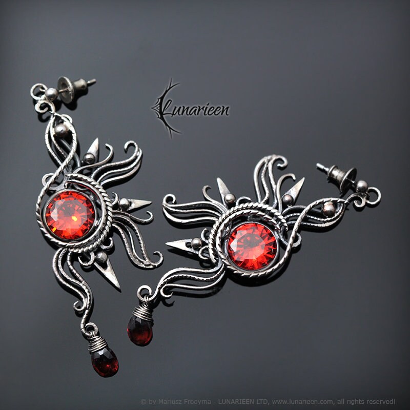 Sterling Silver Wire Wrapped Gothic Filigree Ornate Red Sun Sunrise Large Pair Earrings, Red Cubic Zirconia, Garnet, Unique Gift for Her