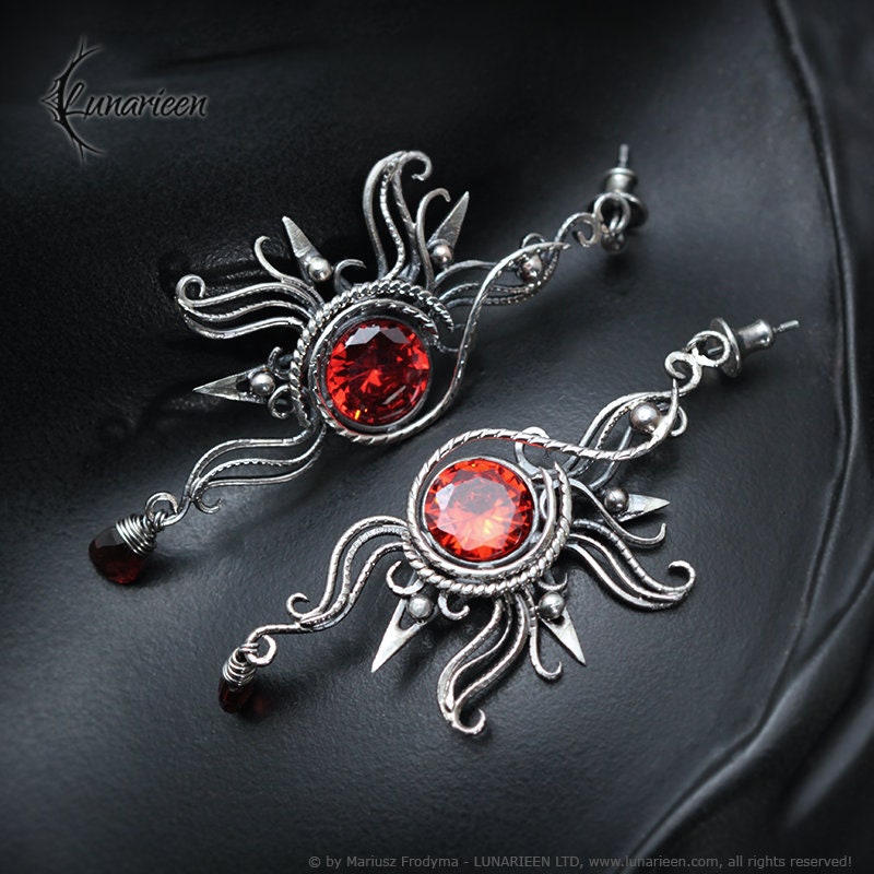 Sterling Silver Wire Wrapped Gothic Filigree Ornate Red Sun Sunrise Large Pair Earrings, Red Cubic Zirconia, Garnet, Unique Gift for Her