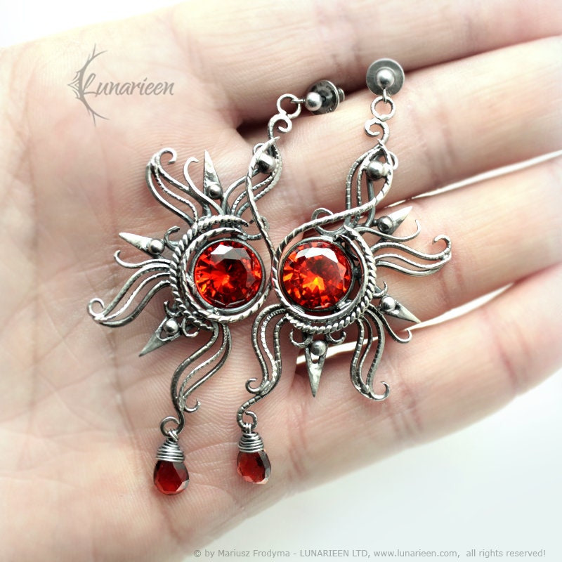 Sterling Silver Wire Wrapped Gothic Filigree Ornate Red Sun Sunrise Large Pair Earrings, Red Cubic Zirconia, Garnet, Unique Gift for Her