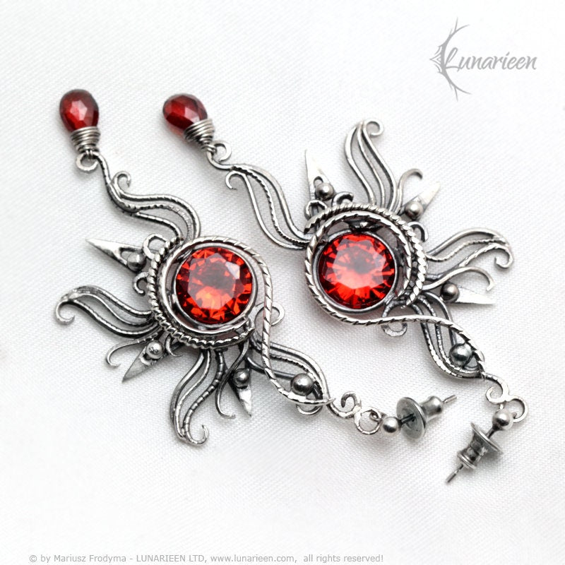 Sterling Silver Wire Wrapped Gothic Filigree Ornate Red Sun Sunrise Large Pair Earrings, Red Cubic Zirconia, Garnet, Unique Gift for Her