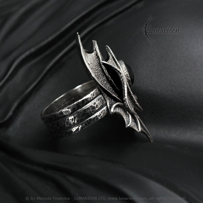 Sterling Silver Dragon Style, Fantasy, Handmade Gothic Large Ring, Solid Silver, Hammered, Black Onyx, Unique Jewelry Jewellery Gift For Him