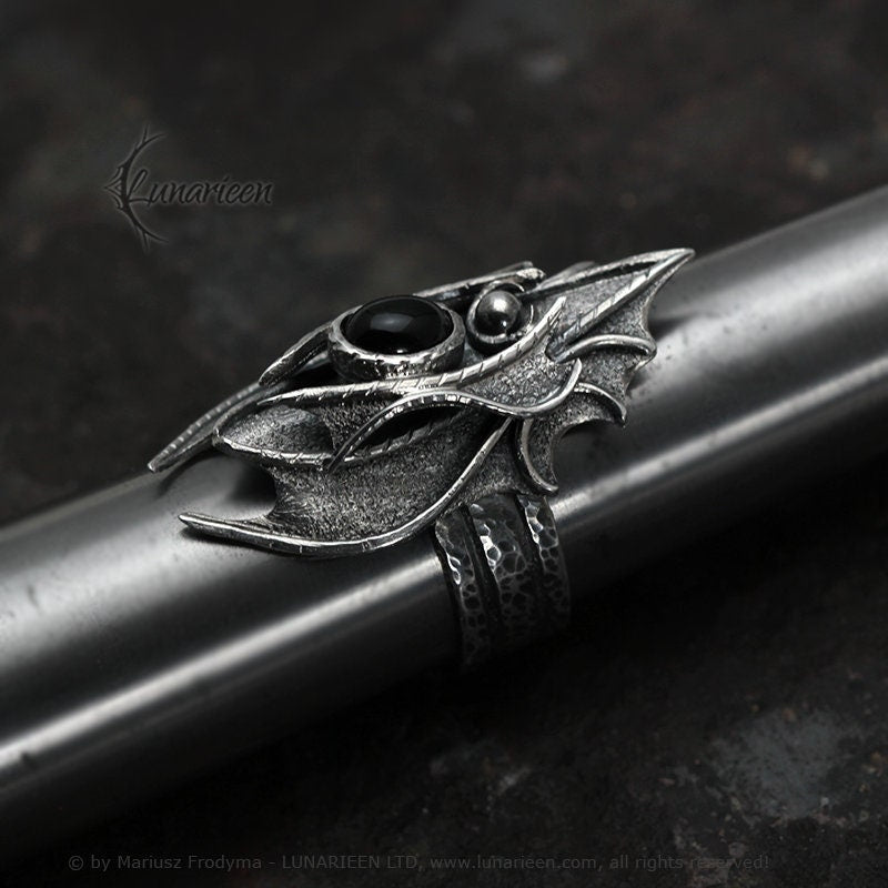 Sterling Silver Dragon Style, Fantasy, Handmade Gothic Large Ring, Solid Silver, Hammered, Black Onyx, Unique Jewelry Jewellery Gift For Him