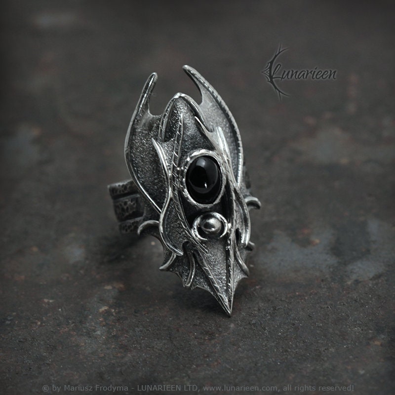 Sterling Silver Dragon Style, Fantasy, Handmade Gothic Large Ring, Solid Silver, Hammered, Black Onyx, Unique Jewelry Jewellery Gift For Him