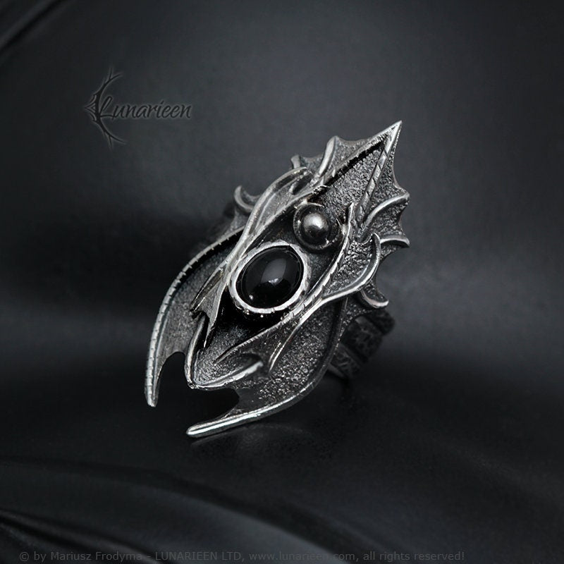 Sterling Silver Dragon Style, Fantasy, Handmade Gothic Large Ring, Solid Silver, Hammered, Black Onyx, Unique Jewelry Jewellery Gift For Him