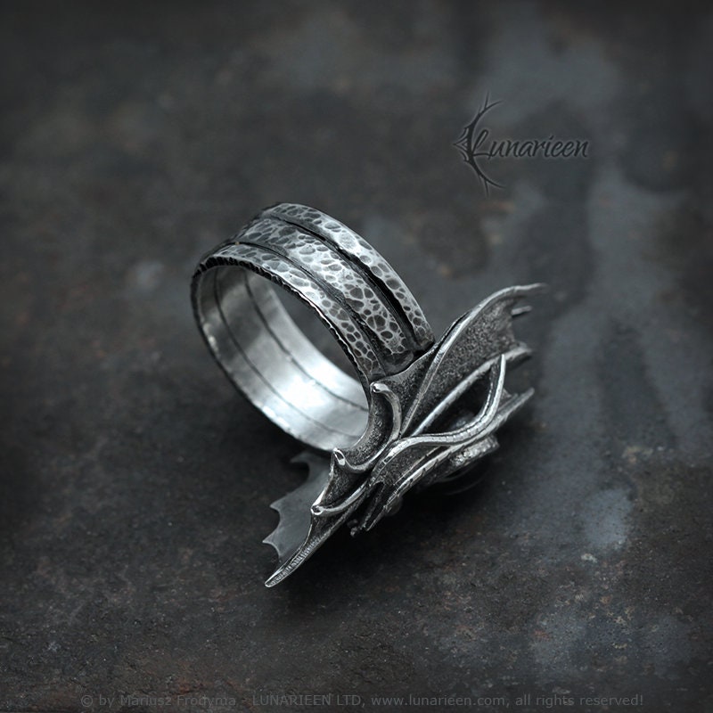 Sterling Silver Dragon Style, Fantasy, Handmade Gothic Large Ring, Solid Silver, Hammered, Black Onyx, Unique Jewelry Jewellery Gift For Him