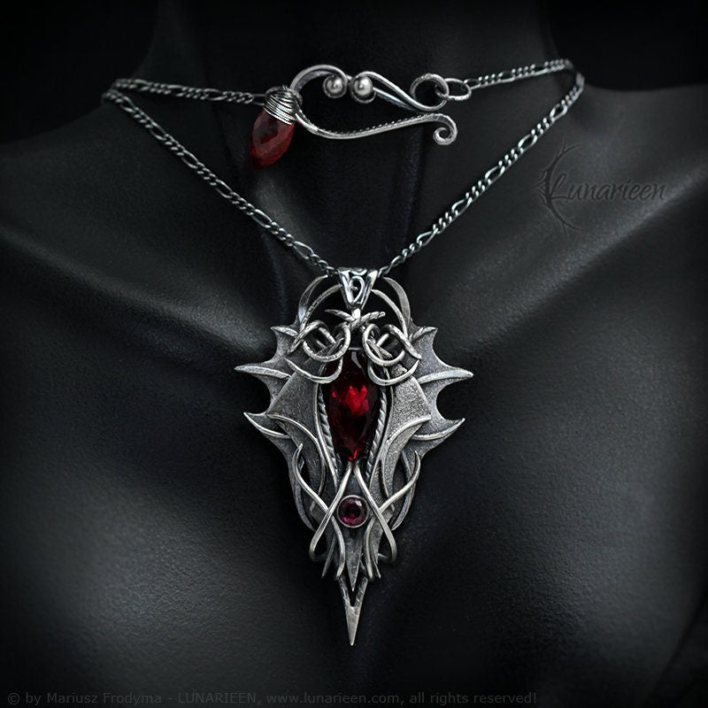 Sterling Silver, Fantasy Gothic Dragon style Necklace Pendant, Red Quartz, Vampire Demonic Witchy Jewellery Jewelry, Unisex Unique Jewellery