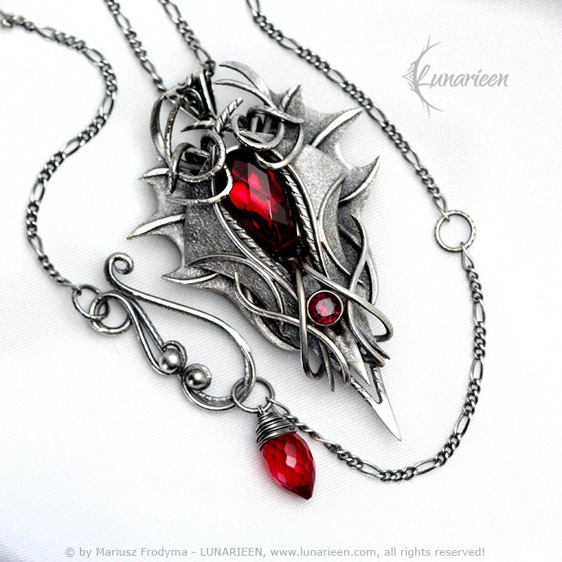 Sterling Silver, Fantasy Gothic Dragon style Necklace Pendant, Red Quartz, Vampire Demonic Witchy Jewellery Jewelry, Unisex Unique Jewellery