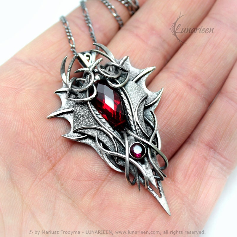 Sterling Silver, Fantasy Gothic Dragon style Necklace Pendant, Red Quartz, Vampire Demonic Witchy Jewellery Jewelry, Unisex Unique Jewellery