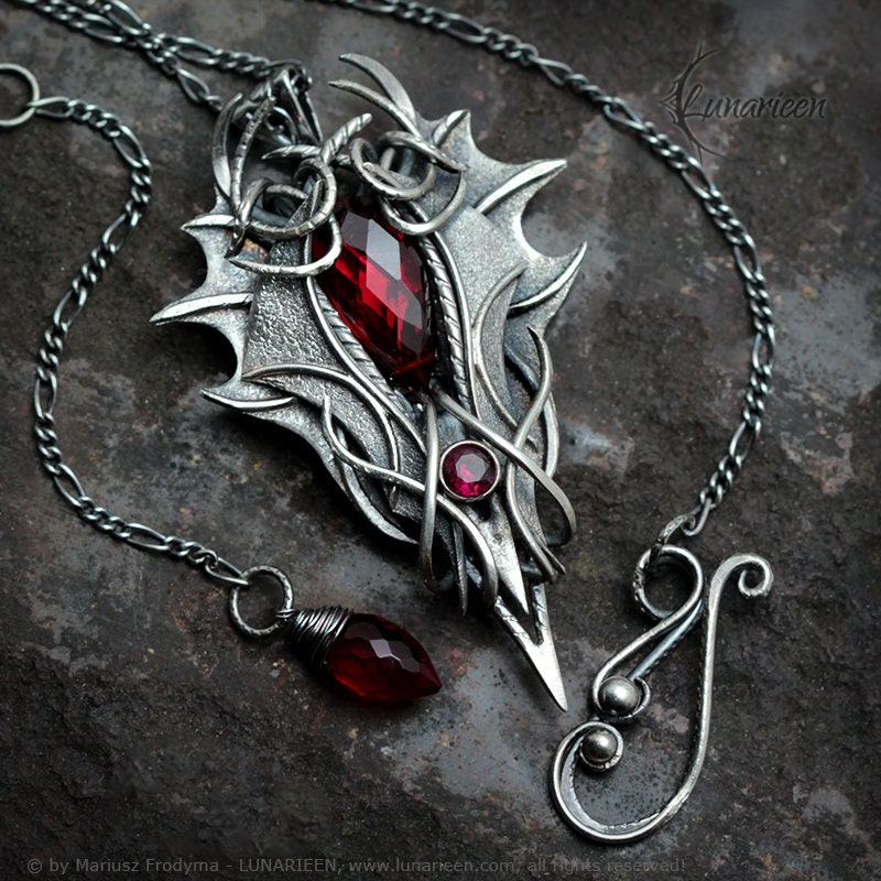 Sterling Silver, Fantasy Gothic Dragon style Necklace Pendant, Red Quartz, Vampire Demonic Witchy Jewellery Jewelry, Unisex Unique Jewellery