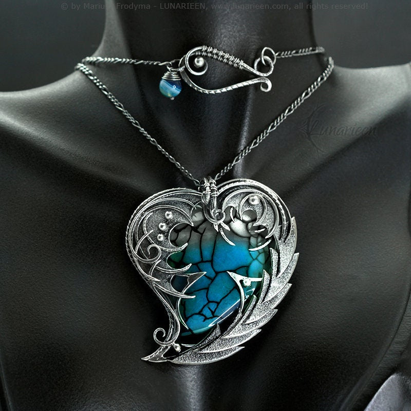 Sterling Silver Wire wrapped necklace Dragon’s Heart gift gothic fantasy blue Dragon Veins Agate pendant jewellery jewelry unique necklace