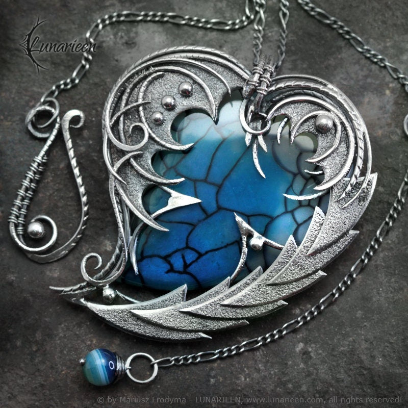 Sterling Silver Wire wrapped necklace Dragon’s Heart gift gothic fantasy blue Dragon Veins Agate pendant jewellery jewelry unique necklace