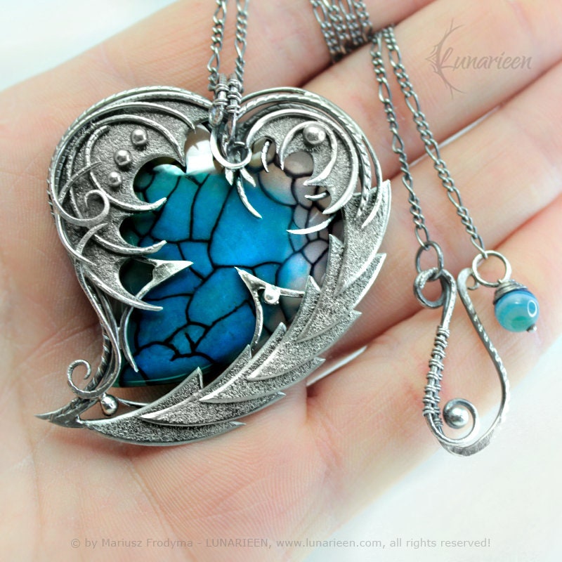 Sterling Silver Wire wrapped necklace Dragon’s Heart gift gothic fantasy blue Dragon Veins Agate pendant jewellery jewelry unique necklace