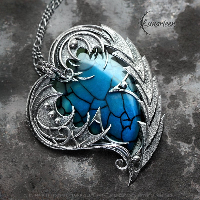 Sterling Silver Wire wrapped necklace Dragon’s Heart gift gothic fantasy blue Dragon Veins Agate pendant jewellery jewelry unique necklace