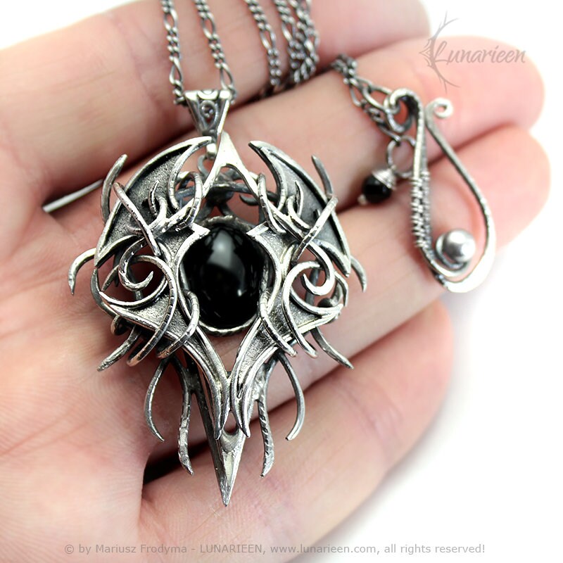 Sterling Silver wire wrapped necklace Black Onyx vampire witchy fantasy pagan gothic unisex pendant