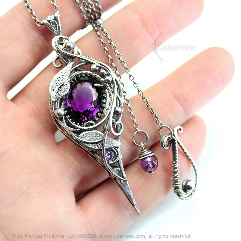 Sterling Silver Wire wrapped Floral Filigree Necklace Pendant Purple Amethyst Fantasy Elven Elvish Unique Gift Jewellery Jewelry