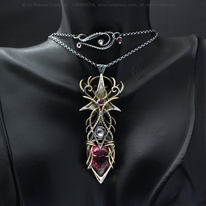 Sterling Silver Brass wire wrapped necklace Pink Topaz vampire witchy fantasy gothic unisex jewellery jewelry gift gothic pendant