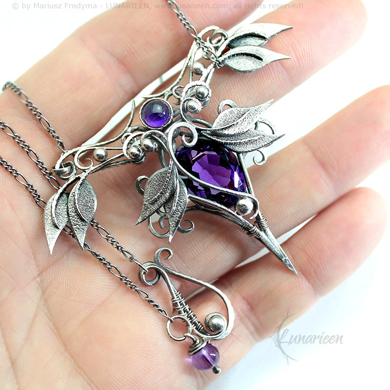 Sterling Silver Wire wrapped necklace gothic fantasy amethyst elven elvish pendant jewellery floral leaf Victorian necklace