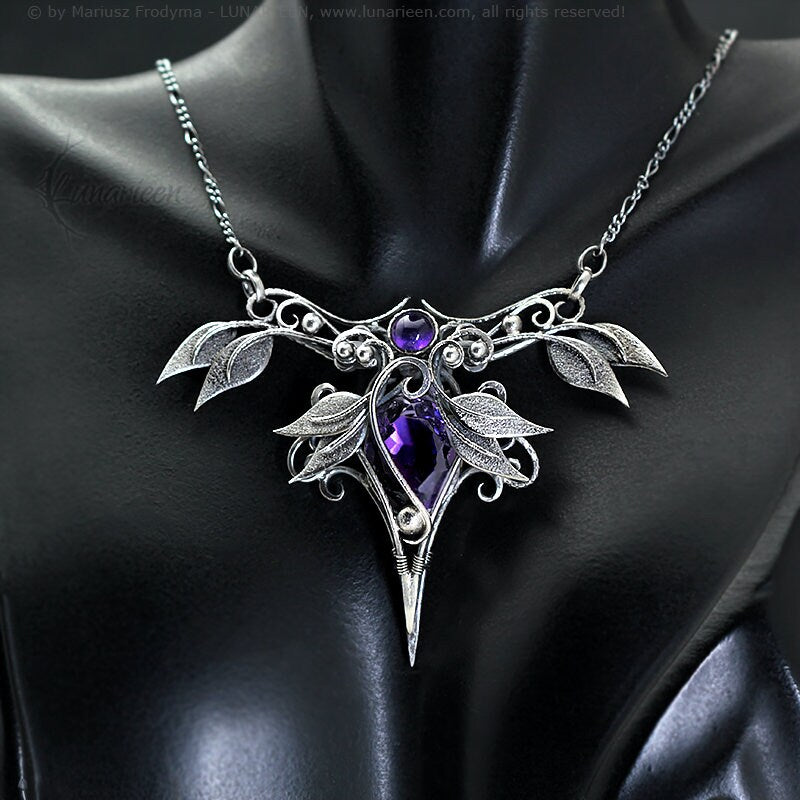 Sterling Silver Wire wrapped necklace gothic fantasy amethyst elven elvish pendant jewellery floral leaf Victorian necklace