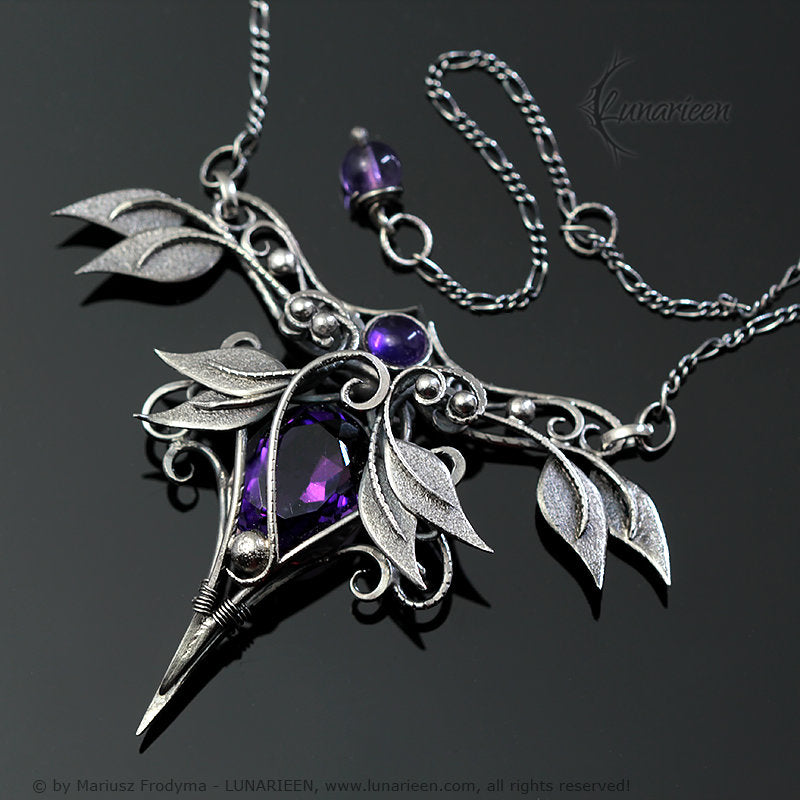 Sterling Silver Wire wrapped necklace gothic fantasy amethyst elven elvish pendant jewellery floral leaf Victorian necklace