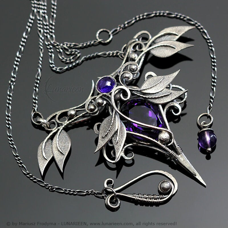 Sterling Silver Wire wrapped necklace gothic fantasy amethyst elven elvish pendant jewellery floral leaf Victorian necklace