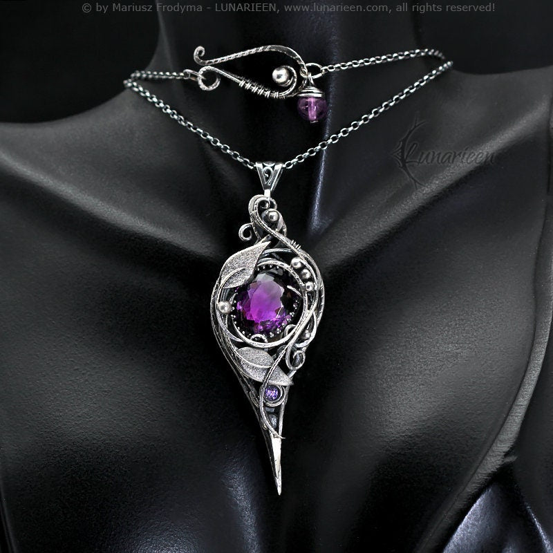 Sterling Silver Wire wrapped Floral Filigree Necklace Pendant Purple Amethyst Fantasy Elven Elvish Unique Gift Jewellery Jewelry