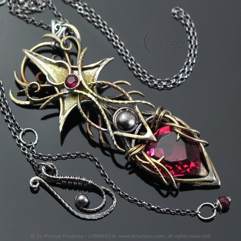 Sterling Silver Brass wire wrapped necklace Pink Topaz vampire witchy fantasy gothic unisex jewellery jewelry gift gothic pendant