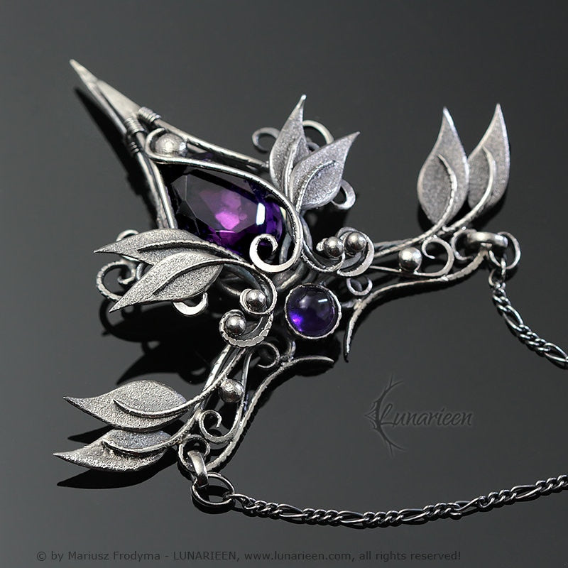 Sterling Silver Amethyst Necklace: Elven Floral Wire Wrapped Pendant