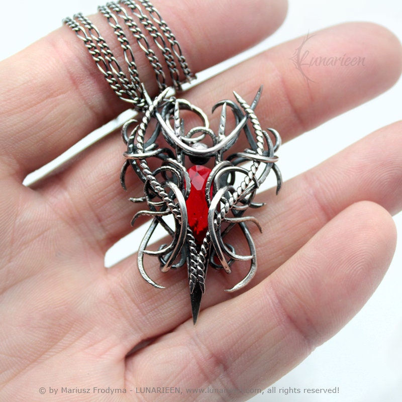 Sterling Silver wire wrapped necklace red quartz jewelry jewellery pendant pagan gothic fantasy vampire elvish witchy unisex unique gift