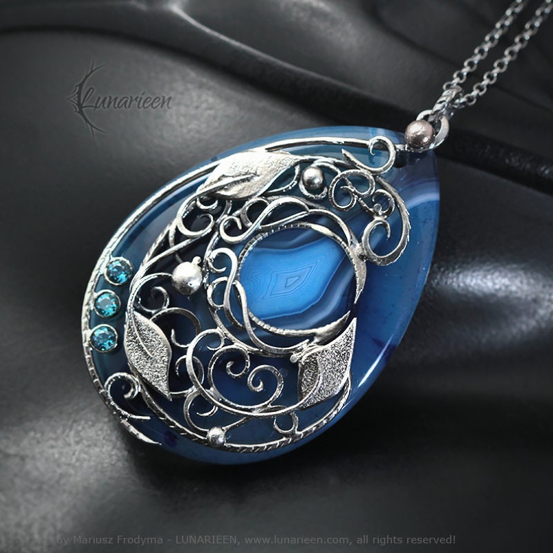 Sterling Silver necklace crescent moon wire wrap Agate and Zirconia jewellery jewelry gothic floral filigree unique Victortian style pendant